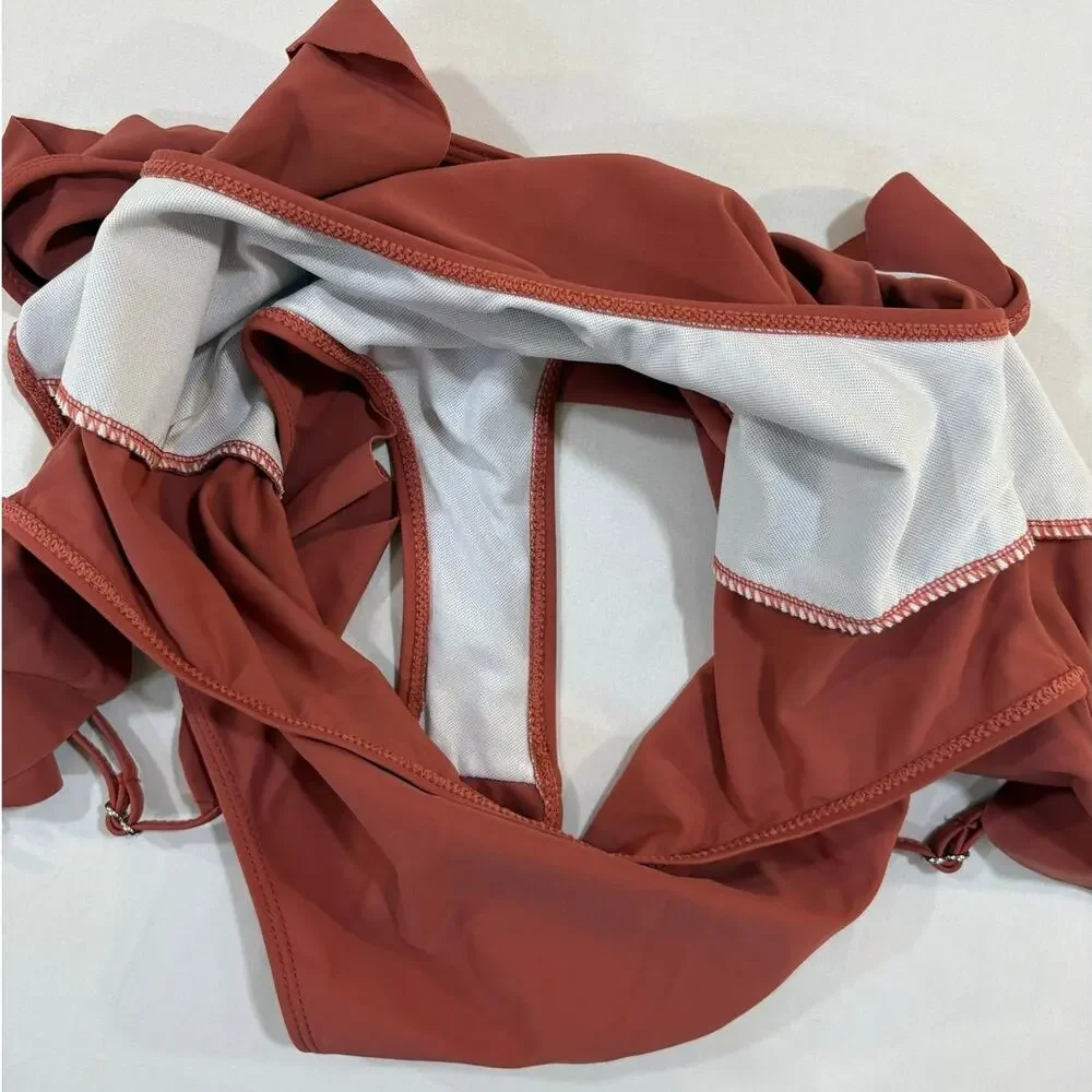 Terra Cotta Ruffled Cut Out High Cut One Piece Swimsuit Size Small